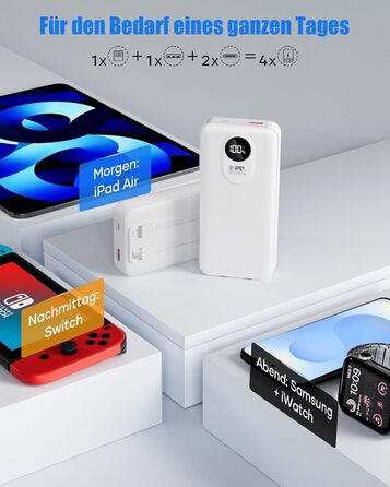 Power Bank 30000mAh з вбудованим кабелем: Швидка зарядка PD 22.5W, зовнішній акумулятор з великою ємністю, 4 виходи та 2 входи