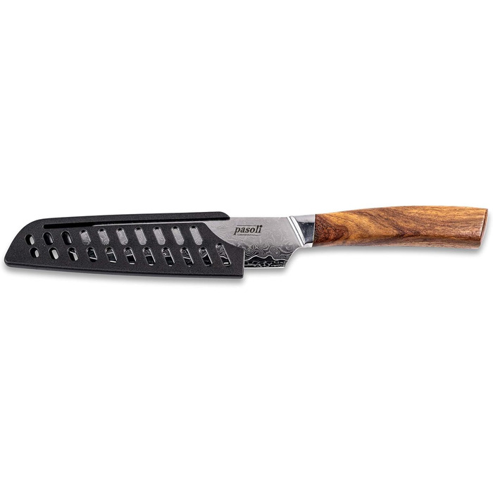 Pasoli Damascus Santoku Knife incl. Blade Protector | 67-Layer VG-10 Damascus Steel | Sharp 13 cm Blade | Elegant Wooden Handle | Ideal Chef's Knife