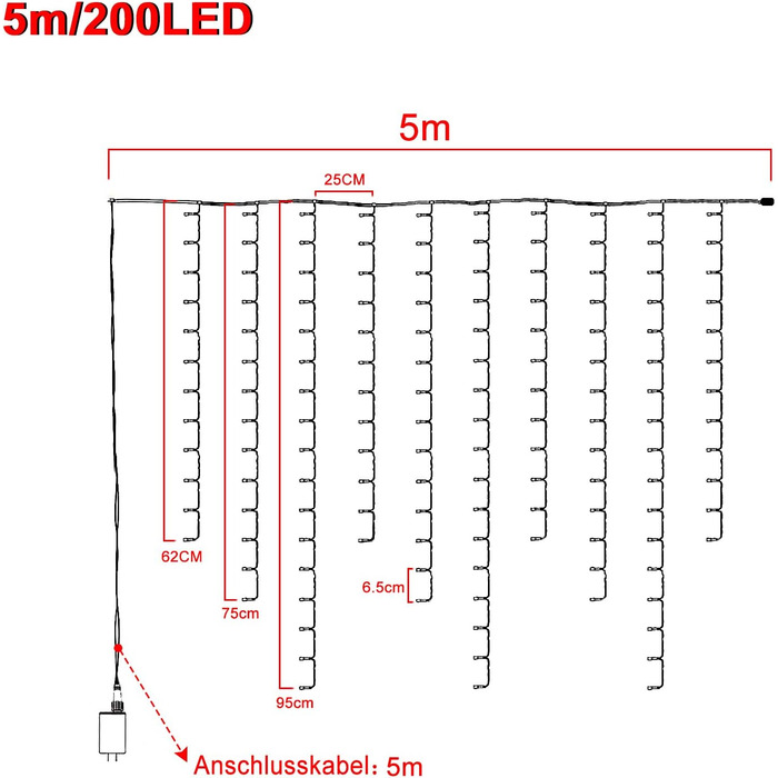 Льодосховище LED, 600 LED, теплий білий, 8 режимів, вологостійкий IP44, для декорування, 5м, для дому та саду