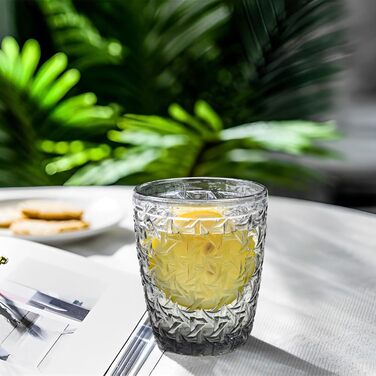 Joeyan 300 ml Gray Water Glasses with Embossed Design, Modern Drinking Glasses Juice Glasses Tumblers, Dishwasher-Safe Glasses Set of 6