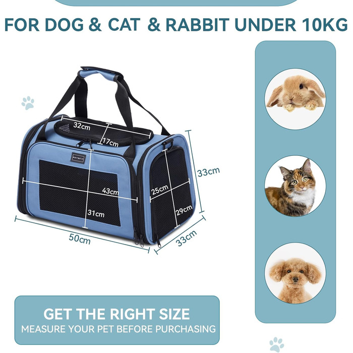 Транспортна переноска для котів та маленьких собак Petfit - легка переноска для подорожей літаком, з ременем безпеки та розширюваним килимком, блакитна (L)