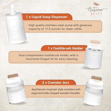 Autumn Alley Rustikales Bathroom Accessories Set 4 – Black Soap Dispenser, Rustic Toothbrush Holder, 2 Apothecary Jars Qtip Holder – Rustic Bathroom Decor – Farmhouse Bathroom Accessories (White/Opulent Garden)