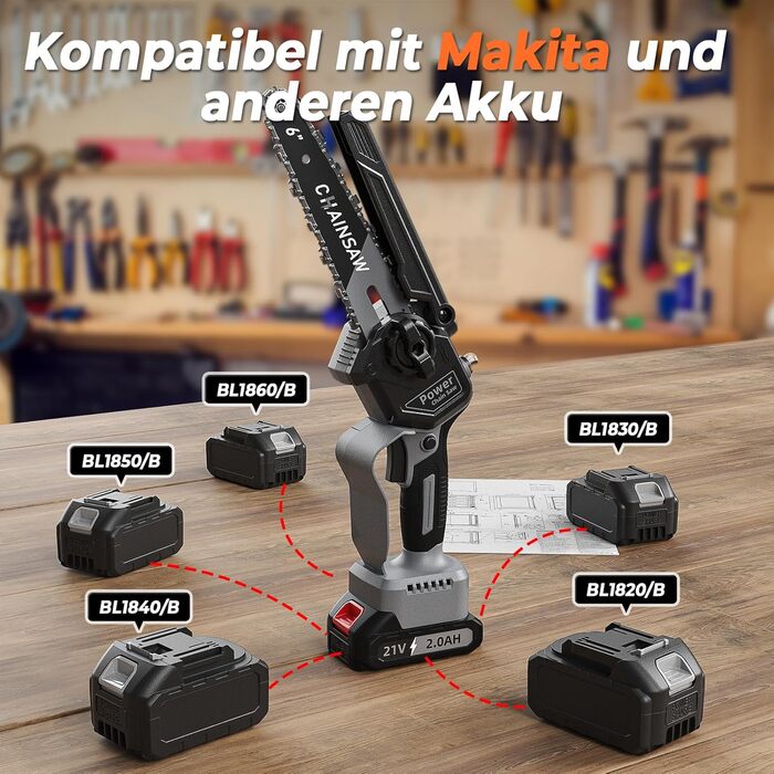 Акумуляторна міні-пила для саду та дерева 6 дюймів, 1000W безщітковий двигун, сумісна з Makita 18V, автоматичний змащувач, для обрізки гілок та дерева (1*2000mAh)