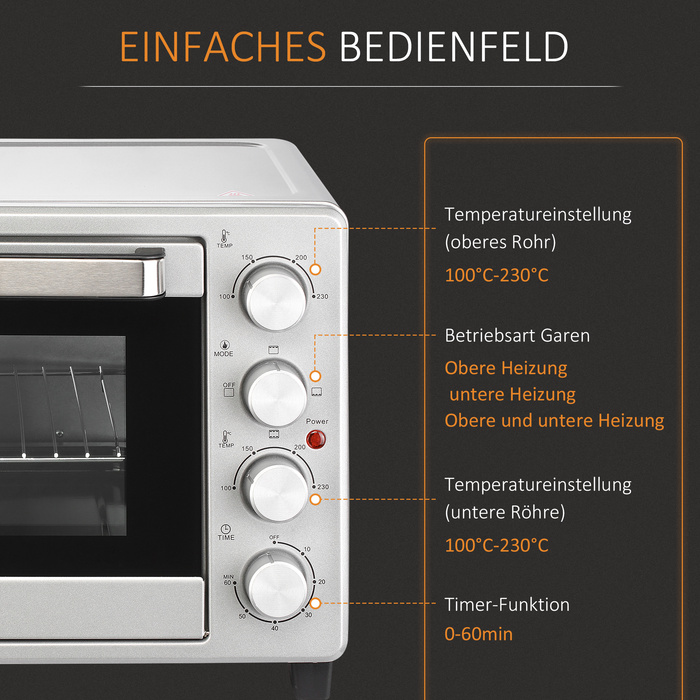 HOMCOM Mini Oven 32L, 1600W, Electric Oven with Grease/Drip Tray, Stainless Steel & Glass, Silver, 52.2x38.1x33.5cm | Aosom
