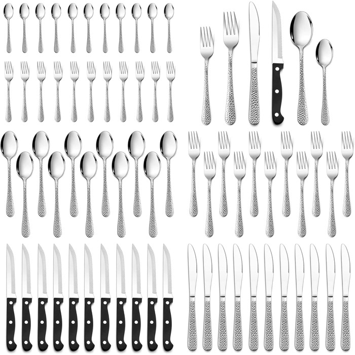 Набір столових приборів HaWare, 72 шт. з нержавіючої сталі (12 осіб), з ножем, виделкою, ложкою, сучасна ручка 'молоток', для дому/вечірки/готелю/ресторану, блискучий, придатний для миття в посудомийній машині. Включає ніж для стейку.