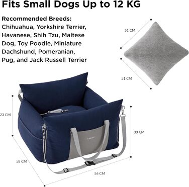 Pet Car Seat for Small Dogs - Waterproof and Washable Dog Car Seat with Storage Pockets, Detachable Safety Leash, and Thickened Memory Foam Filling, 58x56x33cm, (Navy Blue)