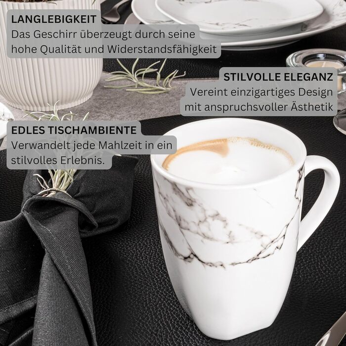 Singer | Bilgola Marble 6-Piece Coffee Cup Set, Porcelain Coffee Cups for 6 People, Dishwasher-Safe Coffee Cups & Mugs Set for Coffee & Tea, 350 ml | PREMIUM COLLECTION