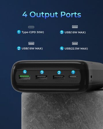 Power Bank 50000mAh з швидкою зарядкою 30W, USB-C, 4 виходи/2 входи, LED-дисплей. Зовнішній акумулятор для iPhone, Android, планшетів