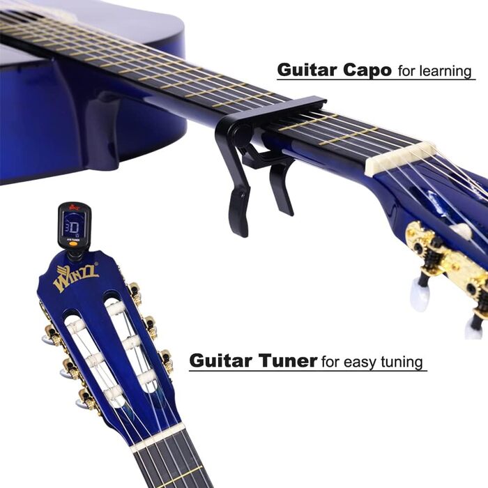 Класична гітара Winzz 4/4 для початківців - повний комплект, 39 дюймів, з нейлоновими струнами, блакитна