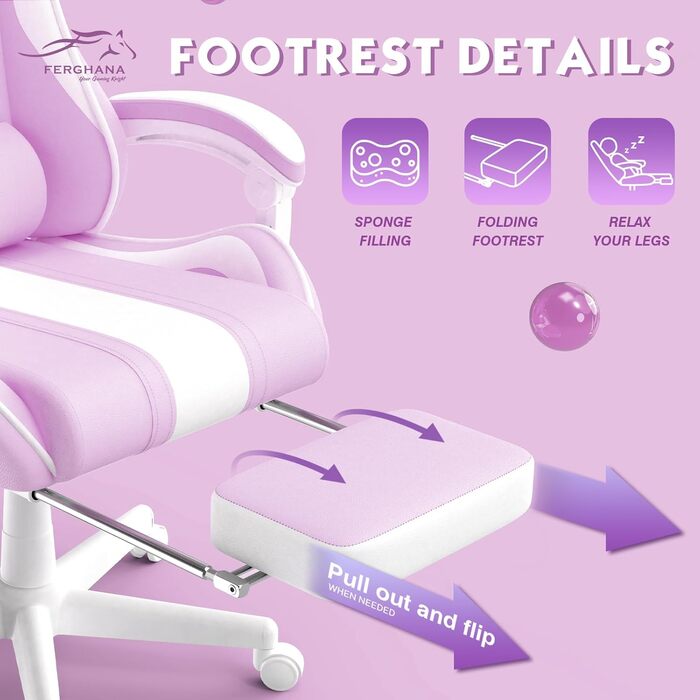 Ergonomic Gaming Chair with Footrest - Racing Style PC Gaming Chair with Headrest, Lumbar Support & Bunny Ears (Violet)