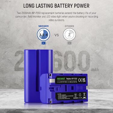 Набір акумуляторів та зарядних пристроїв NEEWER NP-F550 сумісний з Sony NP-F970 F750 F770 F960 F550 F530 F330 F570 та LED-освітлення/монітор/камера Slider (2 шт., блакитний)