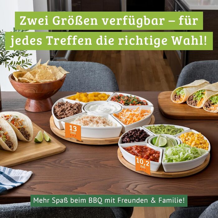Ceramic Taco Serving Platter - Divided Serving Tray for Taco Tuesday Lazy Susan Taco Bar - Chip and Dip Serving Set for Party - Appetizer Serving Tray for Salsa, Snacks (33 cm)