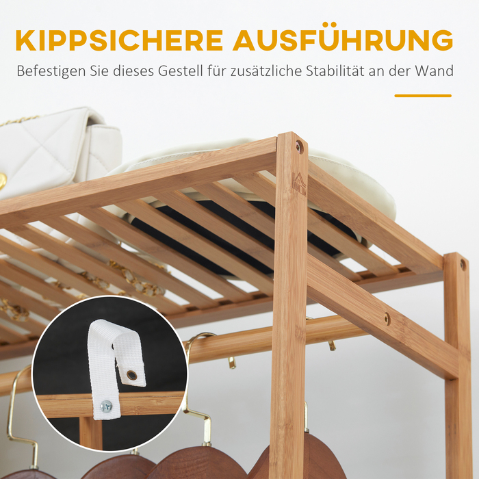 HOMCOM Clothes Rack Coat Stand with Clothes Rod, Shoe Storage, Shelf, Bamboo Wardrobe for Bedroom, Exhibitions, Laundry Room, Utility Room, Natural Wood | Aosom