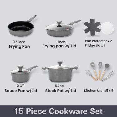 Набір посуду UCCLIFE 17 предметів: каструлі, сковороди з антипригарним покриттям, керамічний набір посуду, антипригарна сковорода, каструля, суповий горщик, нетоксичний, для індукційних плит, кухонний набір, кухонні аксесуари (15 предметів - сірий)