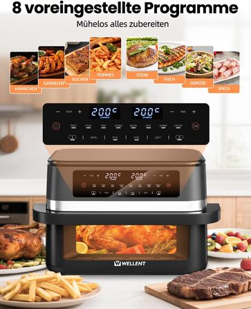 Аерофритюрниця WELLENT 12L Dual Zone XXL - 2950W з двома камерами (6+6L) з оглядовим вікном, функцією Match & Sync, нагадуванням про струшування, придатна для миття в посудомийній машині