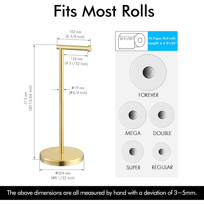 Stainless Steel Freestanding Toilet Paper Holder with Weighted Base - Brushed Gold Finish (51.3cm)