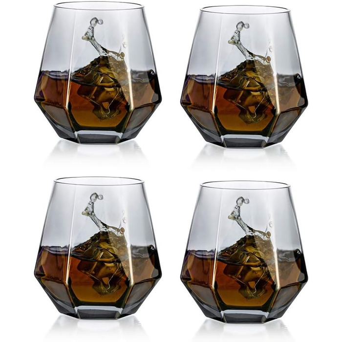 Diamond Whisky Glasses 4-Piece Set, Tilted Scotch Glasses, 300 Ml, Modern Look for Men, Women, Dad, Husband, Friends, Glassware for Bourbon/Rum/Bar Tumbler, Smoke Grey 4