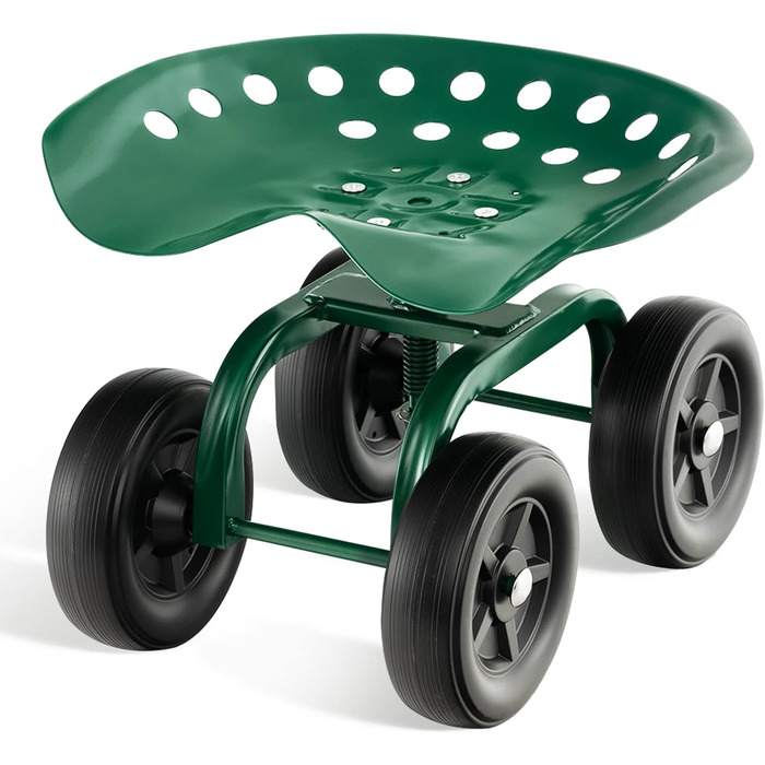 COSTWAY Rolling Seat with Wheels, 360° Swivel | Height Adjustable, Mobile Garden Seat Outdoor Garden Stool, up to 150 kg | Wide Tires, Garden Rolling Seat Metal, for Gardening & Car Care, Green