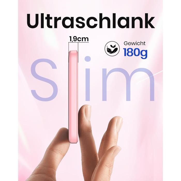 Power Bank Riapow 10000mAh з бездротовою зарядкою, PD 20W, USB-C, LED-індикатор (Рожевий)