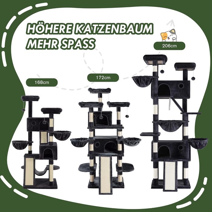 Кігтеточка MUTICOR велика, 206 см, багатоповерхова, велике будиночок для котів/кігтеточка для квартирних котів, плюшеві лежанки, гамак-корзина, широка база (темно-сірий)