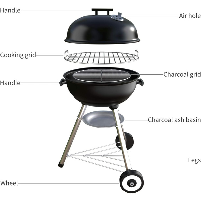 Charcoal grill, portable, round, with lid, double wheels, grill on stand, φ 41 cm, height 70 cm, black