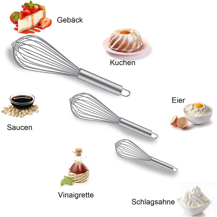 Набір міксерів-вісків з нержавіючої сталі, 3 шт. (21см, 26см, 29см) для тіста, яєць, збивання, приготування соусів. Якісні віски для кухні, сріблястого кольору.