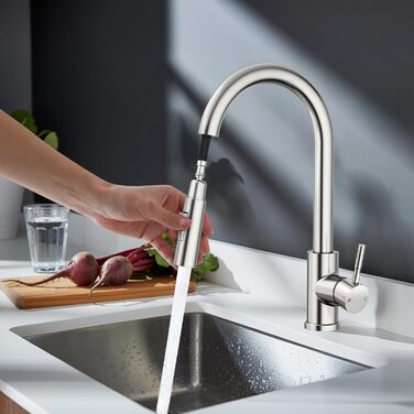 Кран кухонний Rainsworth з висувною лійкою та душем, 360° поворот, нержавіюча сталь, висота 56 см