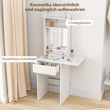 HOMCOM Compact Vanity Table with Mirror and LED Lighting, Folding Tabletop, Open Shelves, Drawer, MDF, White