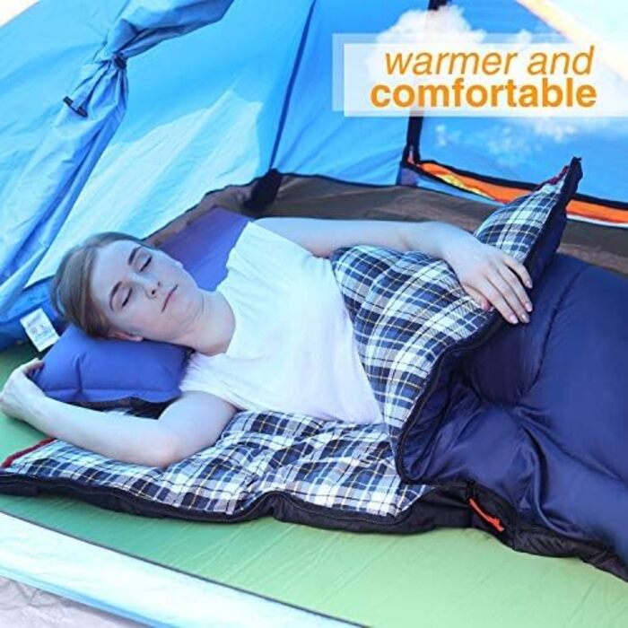REDCAMP XL Cotton Sleeping Bag - Warm, Detachable Hood, Flannel Comfort, 3-4 Season - Ideal for Adults & Kids, Camping, Fishing, Outdoor Use - Blue (2lbs/3lbs Fill)