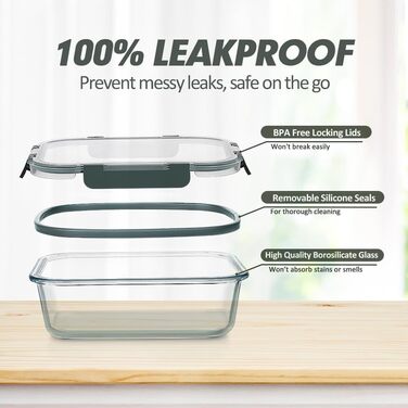 Набір контейнерів Verones 24 шт. з кришками, сірі, повітріодні, для зберігання продуктів, скляні, миються в посудомийній машині, морозостійкі