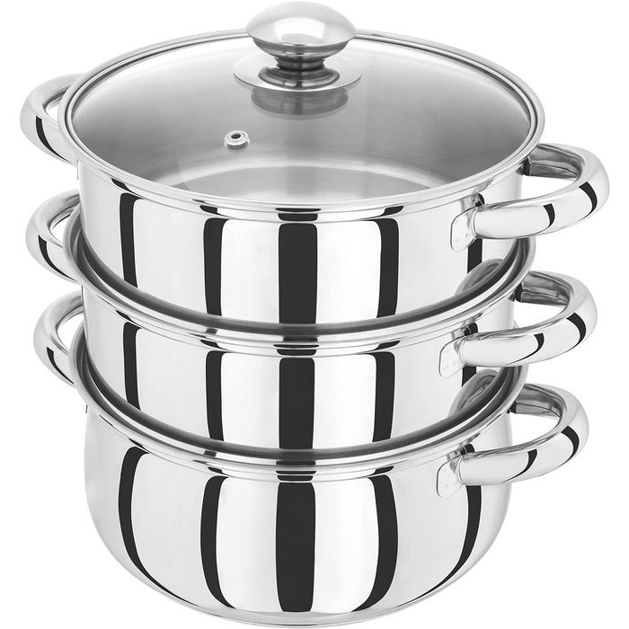 Парoварка з нержавіючої сталі Judge Essentials, 20 см, 3 рівня, термодно, вентильований скляний кришка, для овочів, енергозберігаюча, індукційна