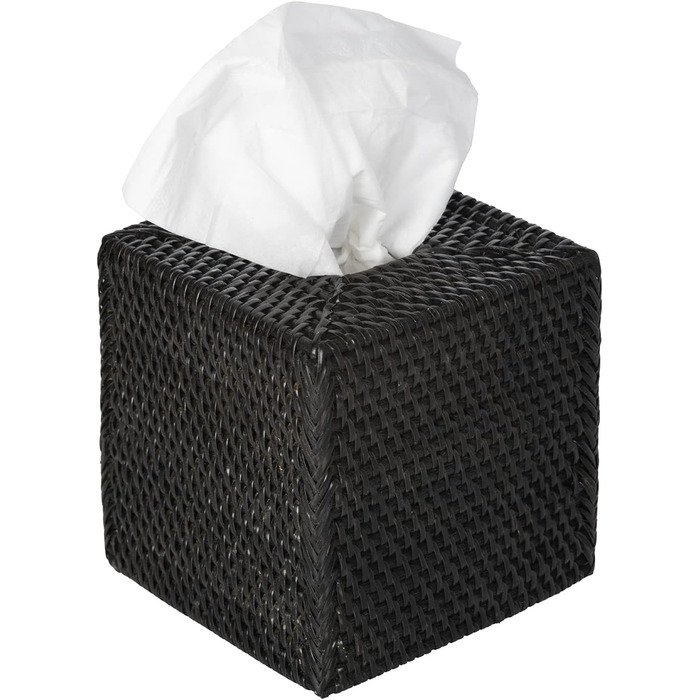 Loma Tissue Box Cover, Square, Rattan, Black