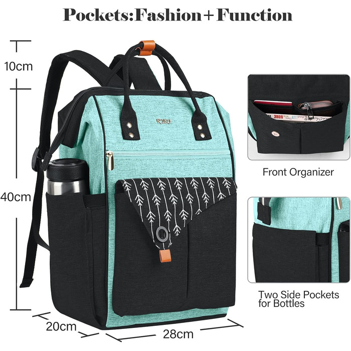 Жіночий рюкзак для ноутбука 15.6 дюймів, шкільний/робочий рюкзак з USB-портом, для подорожей, кемпінгу, навчання, зелений