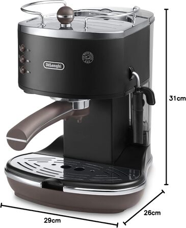 Еспресо-машина De'Longhi Icona Vintage ECOV 311.BG – чорна, з ручним капучинатором, для кави та ESE Pads, 1.4 л