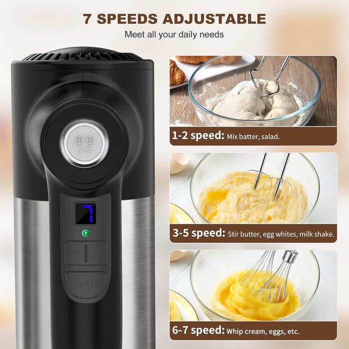 Бездротовий міксер з цифровим дисплеєм, 7 швидкостей, акумуляторний, з 6 насадками з нержавіючої сталі (міксер, вінчик, гачок для тіста) та підставкою для зберігання