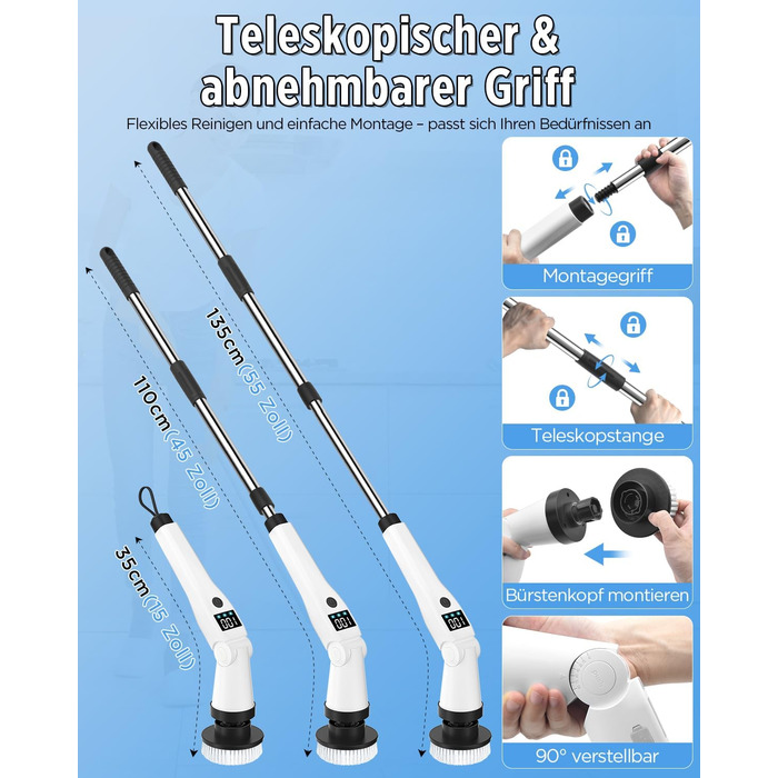 Електрична щітка для прибирання з 8 насадок, 3 швидкості, IP65 водостійка, регульована ручка, акумуляторна щітка для ванної, кухні, плитки, душу та кутів (біла)