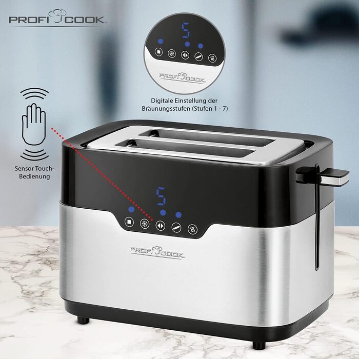 Тостер ProfiCook PC-TA 1250/1170 Inox: 2 слоти, нержавіюча сталь, 850 Вт, 7 рівнів підсмажування, знімний піднос для бургерів