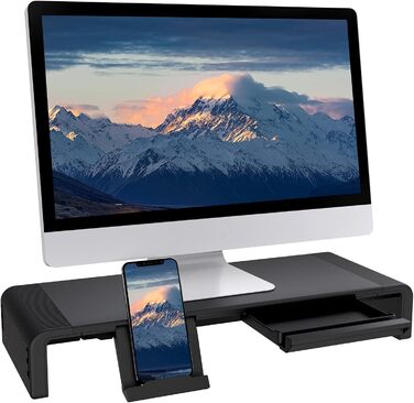 Складана підставка для монітора з регульованою шириною, сумісна з iMac, ноутбуками, принтерами, з висувною шухлядою та тримачем для планшета і смартфона, чорна