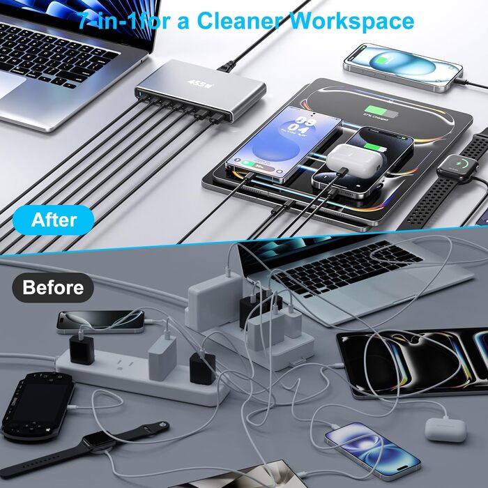 Зарядний пристрій USB-C 455W, 7 портів, GaN PD PPS, для MacBook, Dell, iPhone, Samsung, ноутбуків, планшетів, телефонів – Сірий