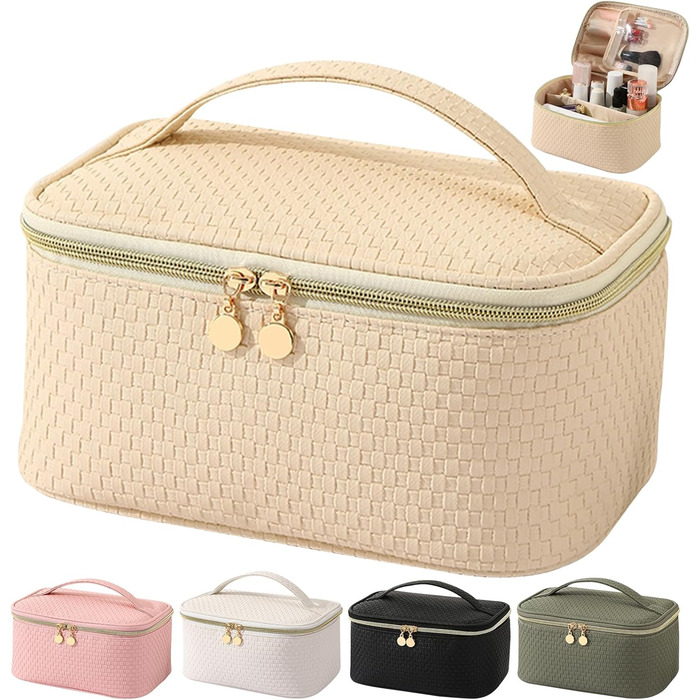 Жіноча косметичка для подорожей, водонепроникна, з відділенням для пензликів, з PU шкіри, велика, оливковий зелений (M Beige)