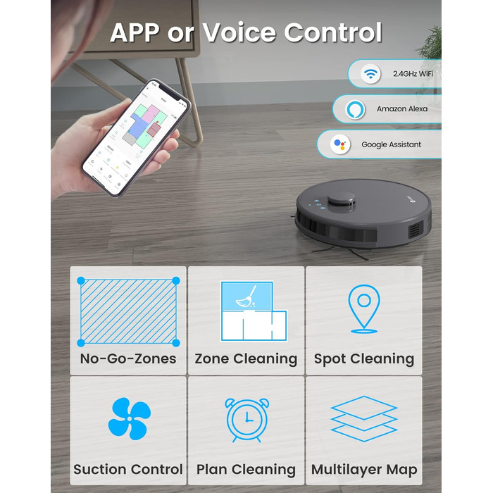 Робот-пилосос LEFANT M1B: потужність 6000Pa, функція миття, лазерна навігація, анти-заплутування, керування через додаток та Alexa, для тварин та килимів, білий