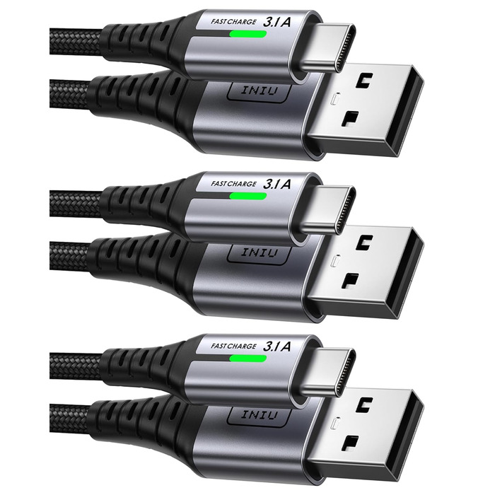 Кабель USB-C INIU, 3 шт. (2м+2м+0,5м), 3.1A, з LED-підсвічуванням, нейлон, для Samsung, iPhone, Pixel, iPad, MacBook