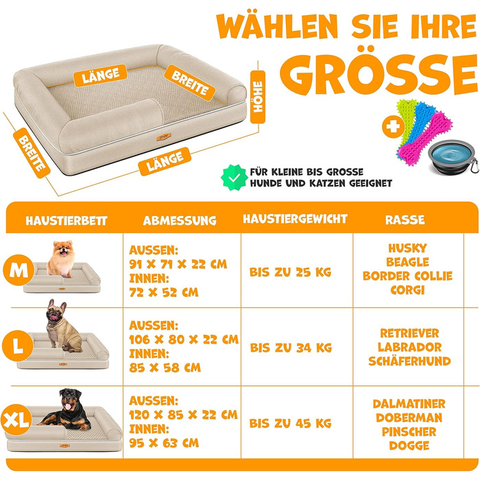 Orthopedic Dog Bed, Dog Cushion, Dog Basket, Relax, Incl. Bowl + 3x Chew Bones, Dog Sofa for Small, Medium & Large Dogs, Removable and Washable Cover, 91x71x22cm (XL (120 x 85 x 25 cm), Beige)