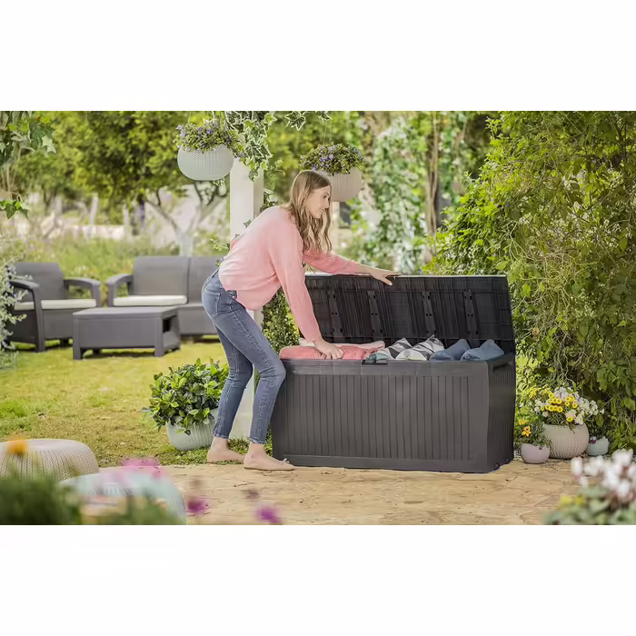 Koll Living Storage Box/Cushion Box 270 Liters Color: Graphite l 100% Waterproof l with ventilation, preventing unpleasant odors/mold l Modern wood-look design l Lid loadable up to 250 KG (2 people)