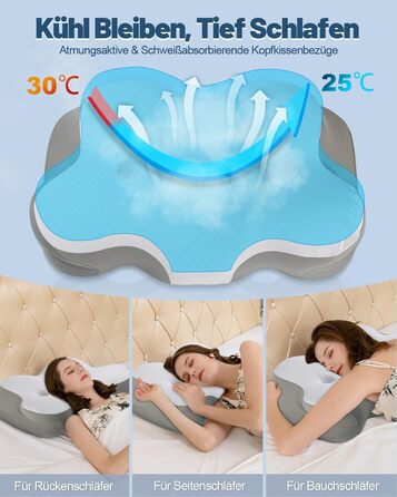 Ортопедична подушка для сну для тих, хто спить на боці, з зоною полегшення вух, з піною з пам'яті, для зняття болю в шиї, подушка для підтримки шиї, для спини/живота, темно-сіра