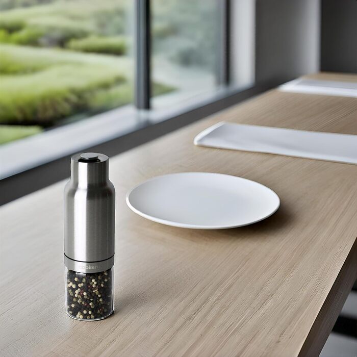 Електричний набір для солі та перцю з нержавіючої сталі з керамічним жорном. Набір для спецій: мельниця для перцю, солянка, мельниця для солі. Сріблястий колір, скляний.