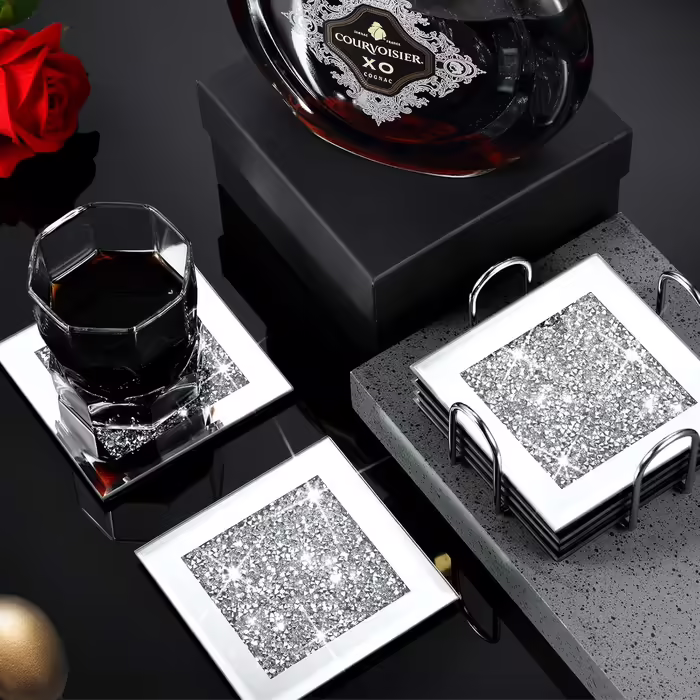 7-Piece Glass Coaster Set, 6 Square Crystal Coasters with Holder for Drinks, Silver, Glitter, Table, Bar Accessories
