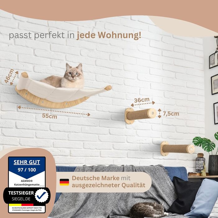 AZANO® Cat Wall | Cat Hammock XL [Extra Stable and Large] with Cat Ladder for the Wall | Cat Ladder with Sleeping Place | Climbing Cat Bed made of Natural Wood | 3-Piece (with Scratching Posts)