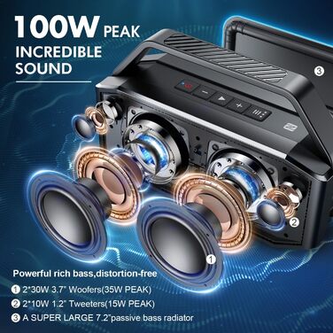 W-KING Bluetooth колонка 100W (60W) чорна, портативна, водонепроникна IPX6, глибокий бас, до 40 годин, AUX, TF, EQ для вечірок та активного відпочинку