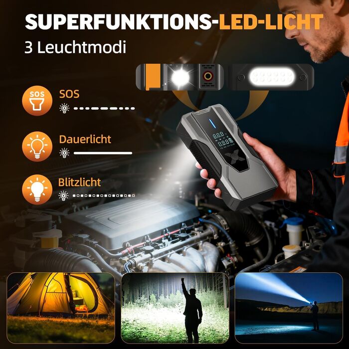 Powerbank для автомобіля 8000A Starthilfe, пусковий пристрій з компресором 150PSI, 26800mAh для бензинових та дизельних двигунів (до 12.0L), зарядний пристрій для акумулятора